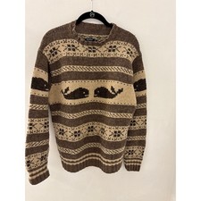 Vintage Ralph Lauren Whale Hand Knit Sweater Brown Silk Wool Mens L 90s Nautical picture