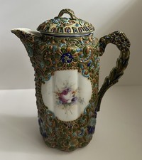 Nippon Moriage Chocolate Pot Antique Porcelain FLUTED RIBBED Hand Painted picture