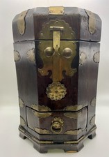 Vintage Chinese Hexagonal Wood And Brass Lined  Tea Caddy With Drawer Hinged Top picture