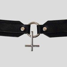Killstar Black Leather Choker Collar Necklace Gothic Punk Silver Tone Cross Alt  picture