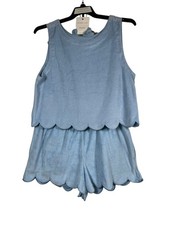 NWT Sincerely Jules Sz M Top Shorts Lt Blue Lounge Set Scalloped Edge Terry New picture