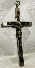 Vintage Pectoral Jesus Crucifix Skull Crossbones Cross Silver & Ebony Inlay 6” picture
