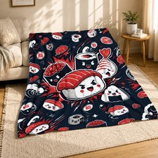 Kawaii Sushi Coral Fleece Blanket Cute Japanese Food Decor picture