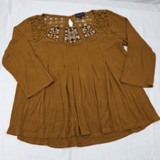 Artesia Womens Medium Boho Peasant Top Mustard Embroidered Crochet Lace picture