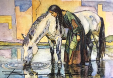 ORIGINAL  Painted Pen and Watercolor (ACEO) Bringing a Horse to Water picture