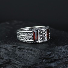 925 Men Silver Minimal Garnet Stone Handmade Red Gemstone Ring picture