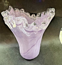 Vintage Murano-style lavender art glass vase, swirl pattern & clear ruffle rim picture