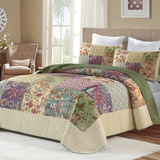 Patchwork Quilt Set King Size, Bohemian Floral Bedspread Green & Beige Coverlet picture