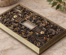 VTG Antique Brass Metal Filigree Single Switch Plate Cover Hollywood Regency picture