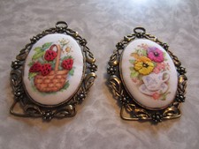 Vintage gold gilt frame SET OF TWO embroidered flowers framed hang or free stand picture