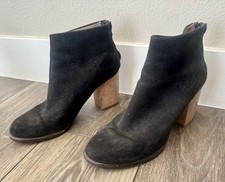 Helmut Lang Black Suede Ankle Booties Wood Block Heel Back Zip 37.5 picture