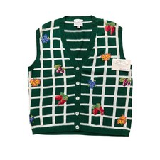 Vintage Susan Bristol Gingham Garden Hand Embroidered Floral Granny Sweater Vest picture