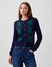 NWT GAP CashSoft Cardigan, Sz L, Navy Green Argyle, Crewneck, School, Office  picture