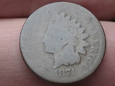 1874 Indian Head One Cent Penny- About Good Details, Brown, Lowball picture
