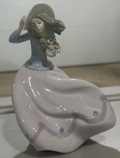 Vintage Lladro Blustery Day Figurine, girl wind flowers, 5588, repaired picture