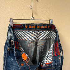 Rock Revival Men's Blue Denim Jeans Slim Fit Low Rise Bootcut 5-Pocket Logo picture