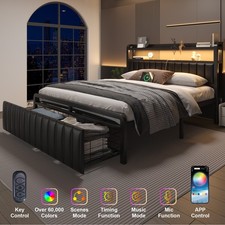 Full Queen LED Bed Frame with Charging Station&Upholstered Storage Headboard picture