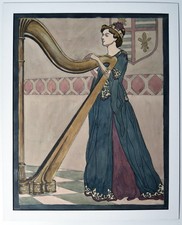 vintage PRE-RAPHAELITE watercolor illustration woman with harp picture