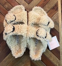 Papillio Shearling Slide Sandals Beige Buckle Adjustable Strap Womens 7.5 picture