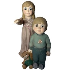Vintage 1970s Large Big-Eye Boy and Girl Slip-Cast Ceramic Hobbyist Statue picture