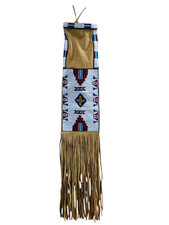 Native American Beaded Tobacco Pipe Bag Leather Fringe Handmade Tobacco Pouch picture