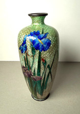 ANTIQUE VTG JAPANESE MEIJI GINBARI CLOISONNE ENAMEL BUD VASE FLORAL IRIS 6.5