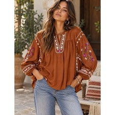 NWT Wonderly Embroidered Batwing Sleeve Boho Top Rust Copper Fig Size Large picture