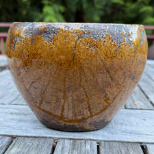Vintage MCM Asian Style Cachepot Planter Amber Ochre Crackle Glaze Art Pottery picture