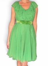 Vintage Miss Elliette Green Chiffon Ruffle Collar Flowy Skirt Party Dress Sz M* picture
