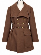 VTG 70s Montgomery Ward Wool Chocolate Brown Belt Double-Breasted Coat Unisex 44 picture