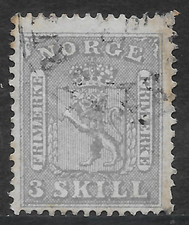 NORWAY SCOTT 7 USED FINE - 1863 3s GRAY LILAC ISSUE - COAT OF ARMS picture