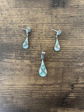 Vtg Navajo Sterling Silver Opal Inlay Pendant Earrings Set Roger Skeet Jr picture