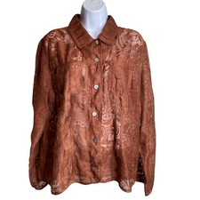 Chico's Women's Brown Embossed Sheer Shirt Jacket Sz 2/L Asian Vibes Boho Artsy picture