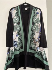 Chico's Traveler's Green Blue Black Scarf Front Cardigan Open Front Size 2 picture