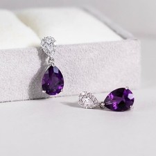 Stunning Drop Earrings 14K White Gold Plated 2.40Ct Pear Cut Simulated Amethyst picture