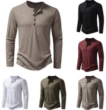 Men's Shirt Cotton Henley Neck T-Shirts Long Sleeve Casual Button Plain 25% OFF picture