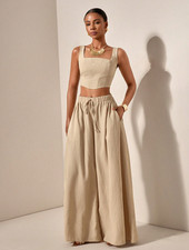 Conjunto 2 piezas Beige Top y Pantalones de pierna ancha con bolsillos picture