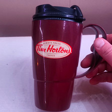 Vintage Tim Hortons Coffee & Tea Travel Mug w/ Lid - Brown Black Red White picture