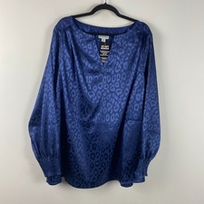 Catherines Satin Jacquard Peasant Blouse Size 3X Navy Animal Print Popover picture