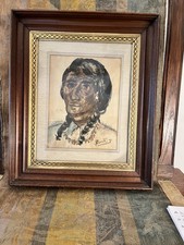 Antique 19th century ancestor picture fame w/ J.J. Barsotti  Indian painting .P picture