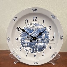Currier & Ives Blue Rocky Mountains Scene Handcrafted 10.5” Stoneware Clock  picture