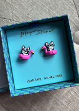 SUPER CUTE Betsey Johnson Frenchie Boston Puppy Pink Flamingo Stud Earrings NEW picture