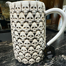 Ceramic Skull Pattern Pitcher, 64 fl oz, White/Beige Halloween Decorated picture