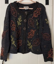 Vintage TImberLea Autumn Fall Leaves Embroidered Cardigan Sweater M-IMMACULATE picture