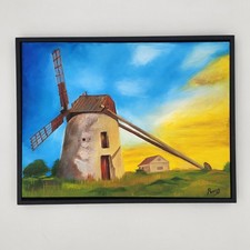 Original Oil Painting – Signed Dutch Windmill Sunset 18x24 Framed picture