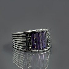Men's Handmade Engraved 925 Sterling Silver Purple Amethyst Gemstone Ring picture