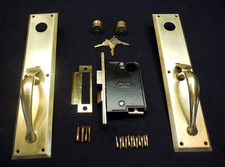 Antique Entry Mortise Lock Brass Pull Handles & Cylinder Locks w/ 3 keys - Yale picture
