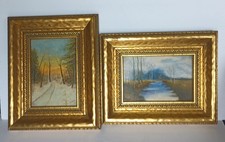 2 Original Oil Paintings Winter Scenes On Board Fancy Ornate Gold Frames Signed picture