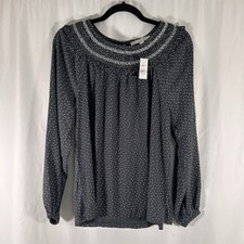 New Loft Blouse Womens Small Blue Grey Polka Dot Long Sleeve Round Neck Pullover picture