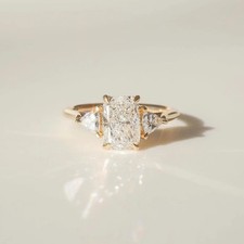 2Ct Elongated Cushion Lab Grown Diamond 14K Gold Bridal 3 Stone Engagement Ring picture